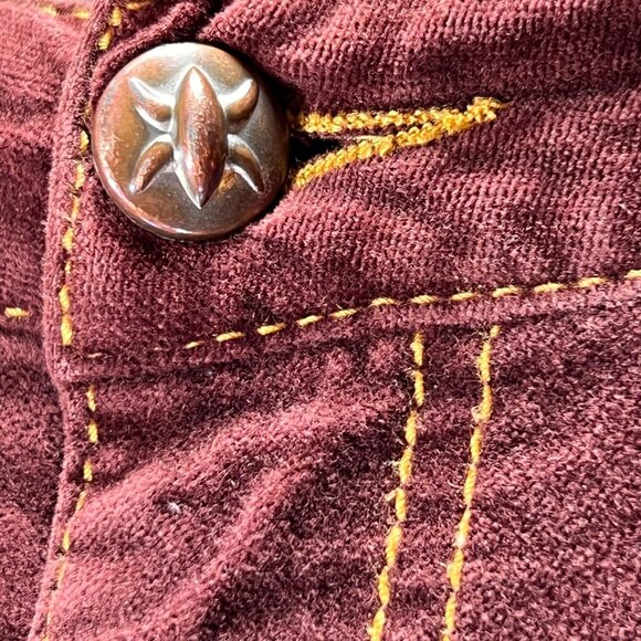 CAbi Burgundy Velour Pants 10 Velvet MidRise Straight Leg Rivets Gold Stitching - Picture 3 of 13